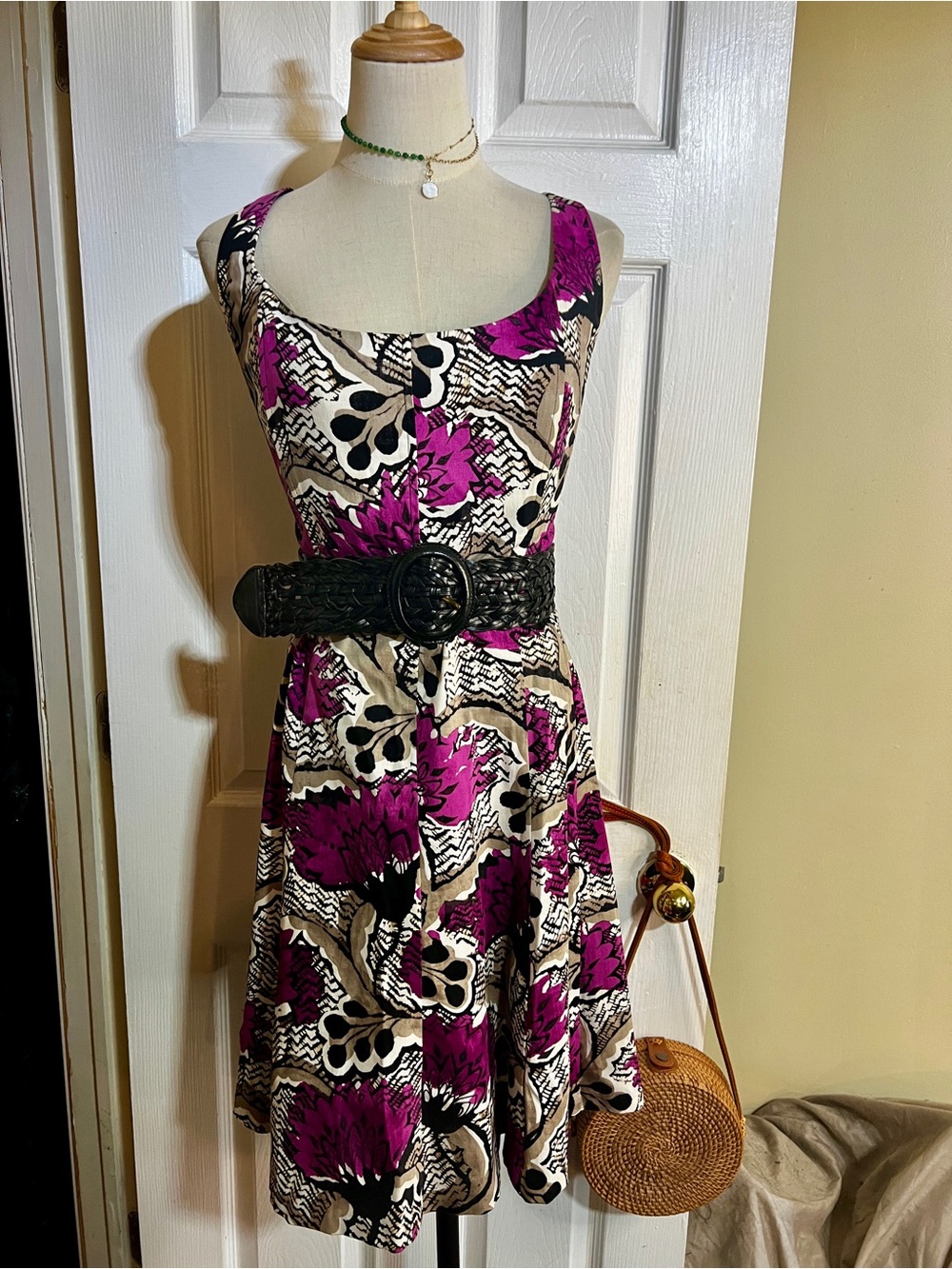 Nine‎ West Y2K Wms Cotton Floral Stretch Boho Apron Fit&Flare Pleated Dress 14P